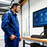 A professional male welder, fully clothed in a modest, clean work uniform, stands confidently in a state-of-the-art welding training center. Advanced robotic welding equipment and digital displays showing technical schematics are in the background, symbolizing modern skill development. The scene highlights a focus on learning new technologies. High-resolution, professional photography, sharp focus, natural pose, perfect anatomy, correct proportions, well-formed hands, proper finger count, natural body proportions, safe for work, appropriate content, family-friendly.