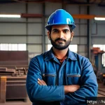용접사 연봉 협상 시 주의사항 - A confident Indian male welder in his late 20s wearing a clean, sturdy welding uniform with protecti...