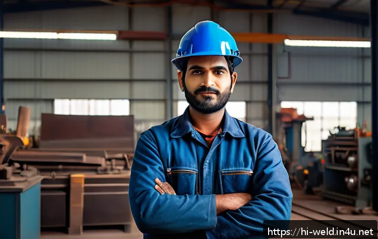 용접사 연봉 협상 시 주의사항 - A confident Indian male welder in his late 20s wearing a clean, sturdy welding uniform with protecti...
