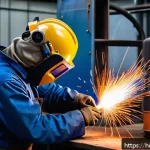 용접 관련 법규와 규정 - A skilled Indian welder wearing full protective gear including a welding helmet with a dark visor, f...
