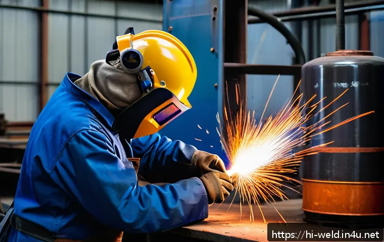 용접 관련 법규와 규정 - A skilled Indian welder wearing full protective gear including a welding helmet with a dark visor, f...
