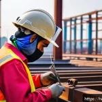 용접사 퇴사 후 대안 직업 - A confident certified welding inspector in a safety helmet and protective gloves, carefully examinin...