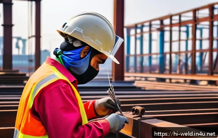 용접사 퇴사 후 대안 직업 - A confident certified welding inspector in a safety helmet and protective gloves, carefully examinin...