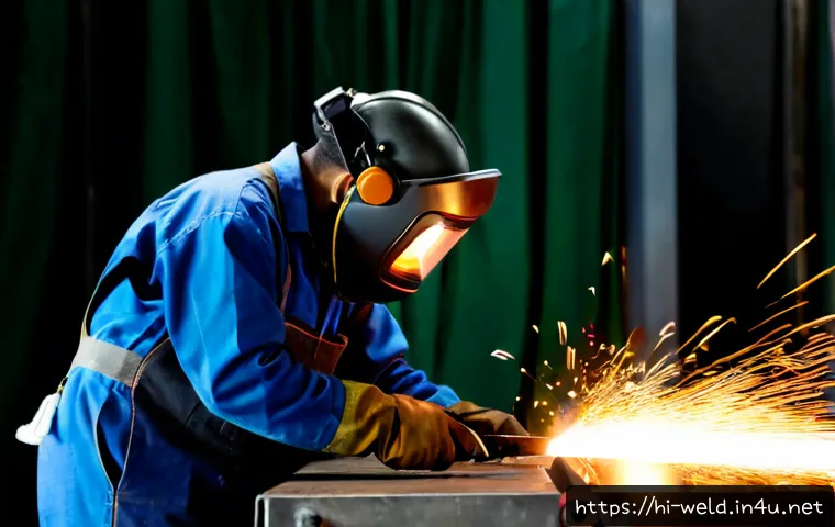 용접 실습 중 주의할 점 - Photorealistic welding safety training workshop, adult trainee in full flame-resistant coveralls, le...