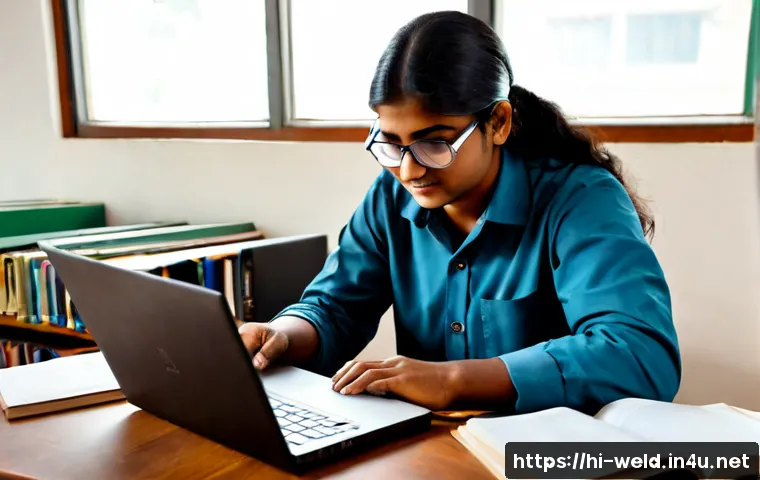 Home 15 용접 관련 학술자료 찾는 법 - Photorealistic university engineering library scene, an adult Indian graduate student in modest casu...